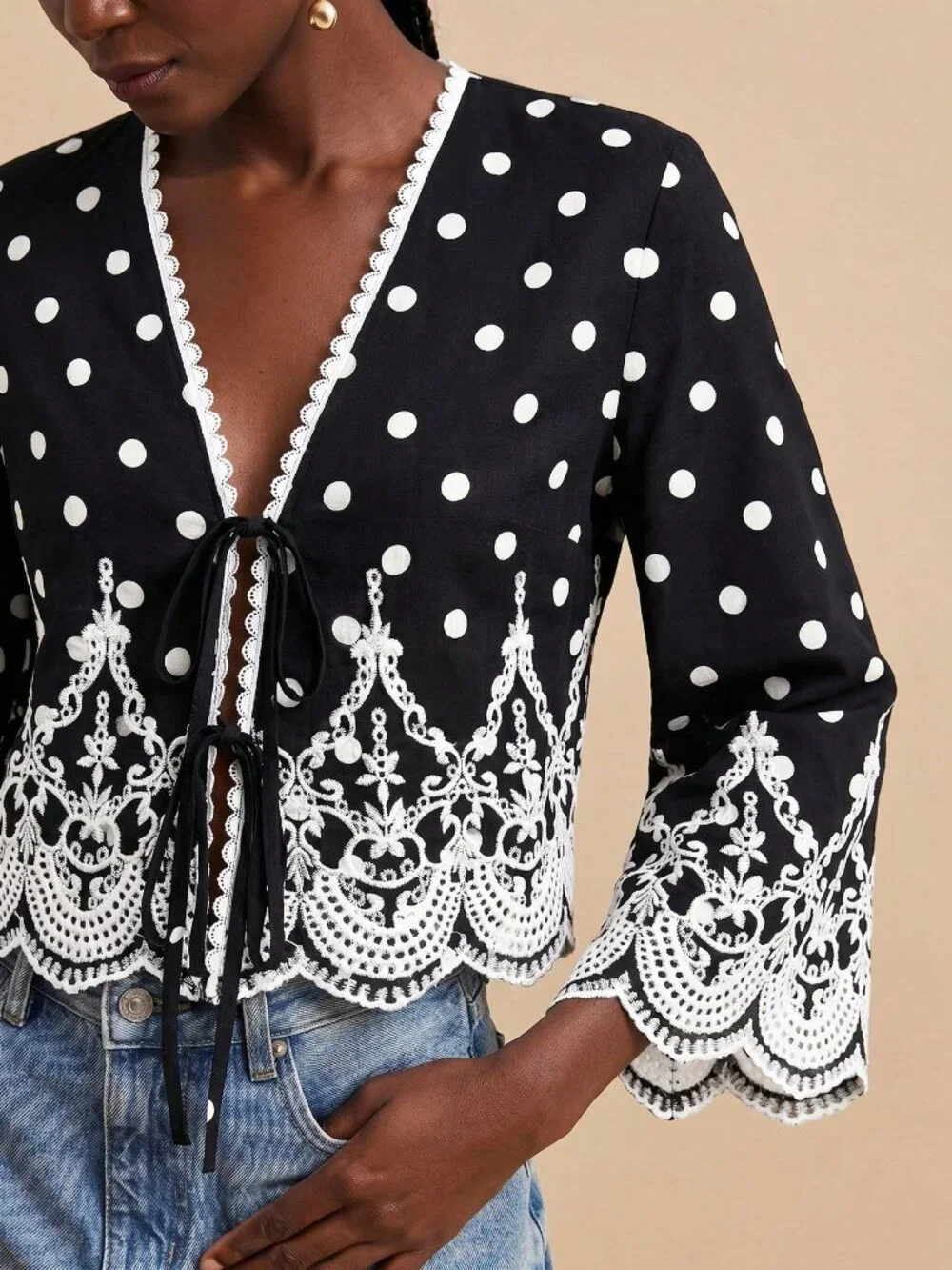 Black Boho Women's Polka Dot Print Embroidered Detail Long Sleeve Shirt